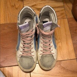 Golden Goose slide sneakers pink laces blue metallic and silver glitter